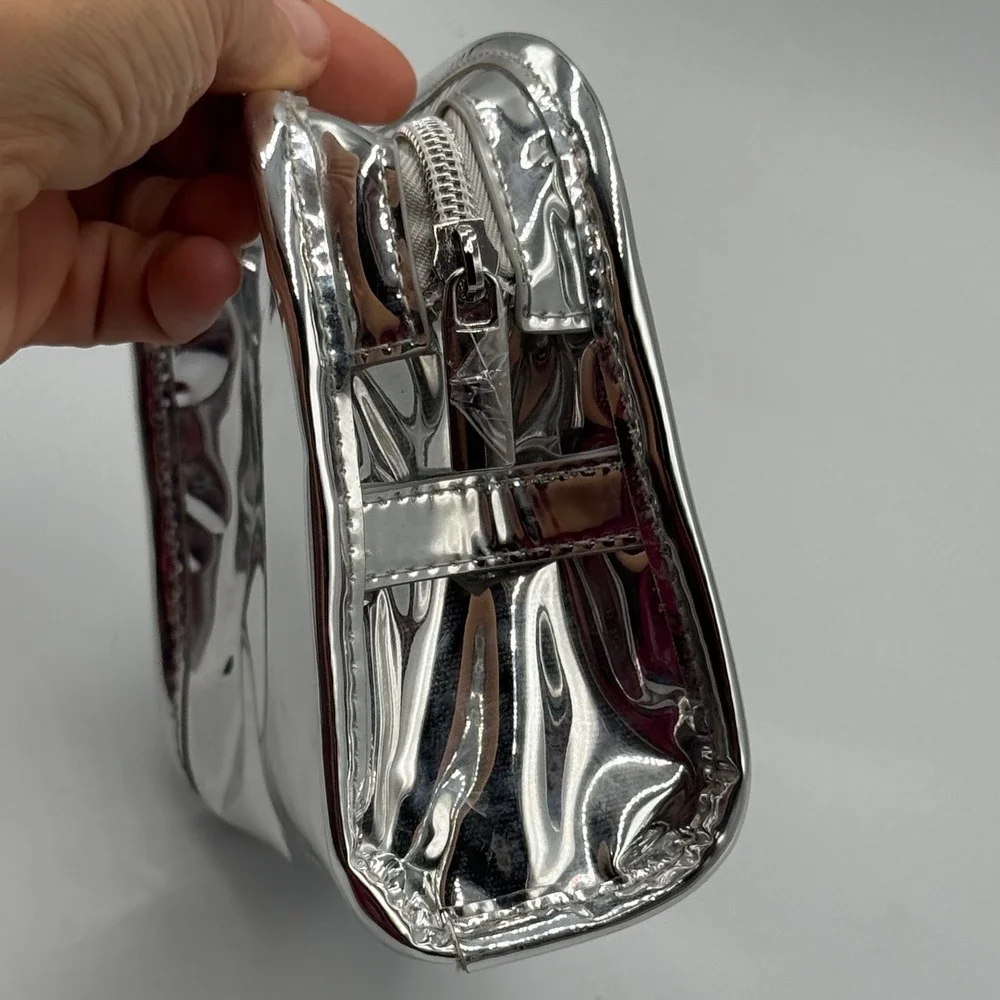 Makeup by Mario Cosmetic Bag Small Silver Metallic Y2K Futuristic Chrome Pouch‎
